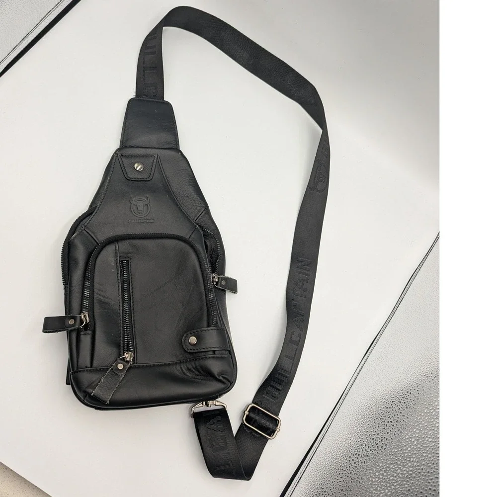 Bullcaptain Sling Bag Black Leather USB Charging Port Chest Pack Small
